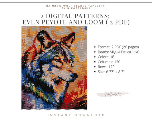 Rainbow Wolf even peyote and loom patterns for beaded tapestry NikoBeadsUA