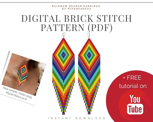Rainbow Brick Stitch pattern for fringe beaded earrings with diamond top - NikoBeadsUA