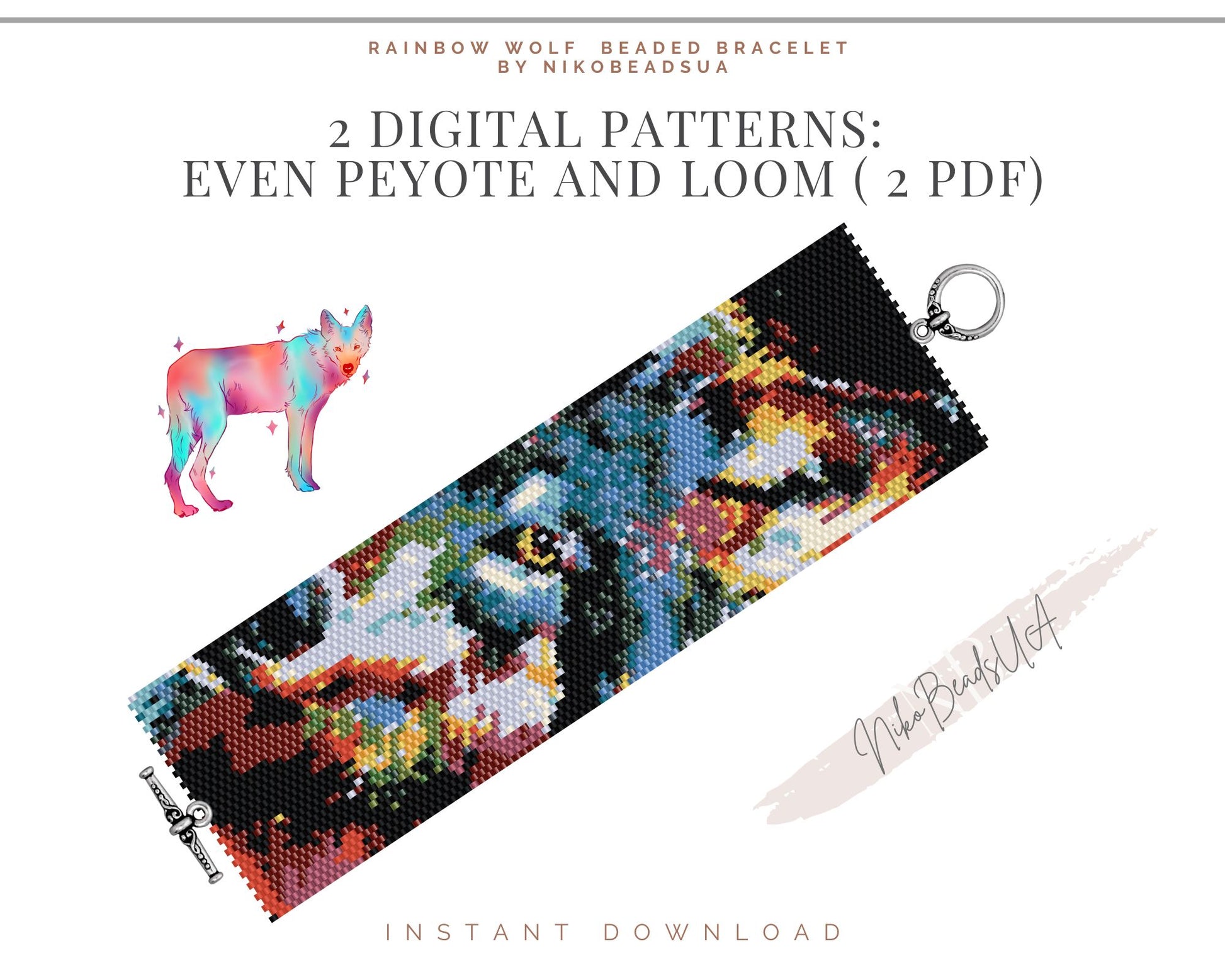 Rainbow Wolf even peyote and loom patterns for beaded bracelet or bookmark NikoBeadsUA
