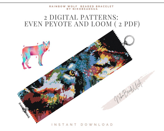 Rainbow Wolf even peyote and loom patterns for beaded bracelet or bookmark NikoBeadsUA