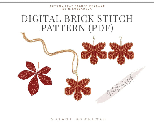 Red Leaf Brick Stitch pattern for beaded pendant and earrings NikoBeadsUA