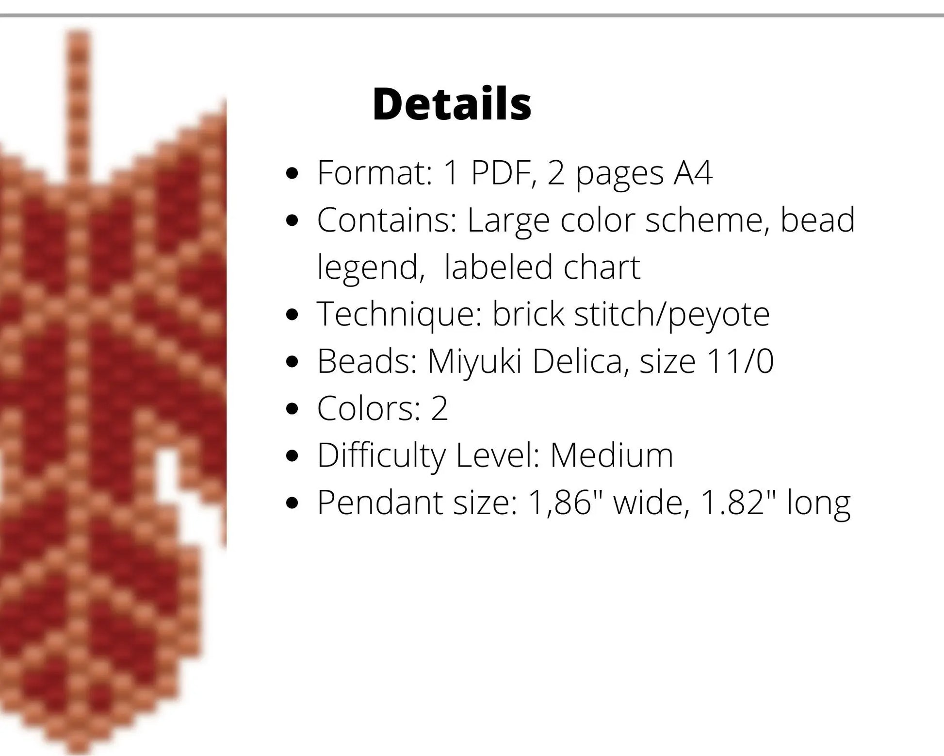 Red Leaf Brick Stitch pattern for beaded pendant and earrings NikoBeadsUA