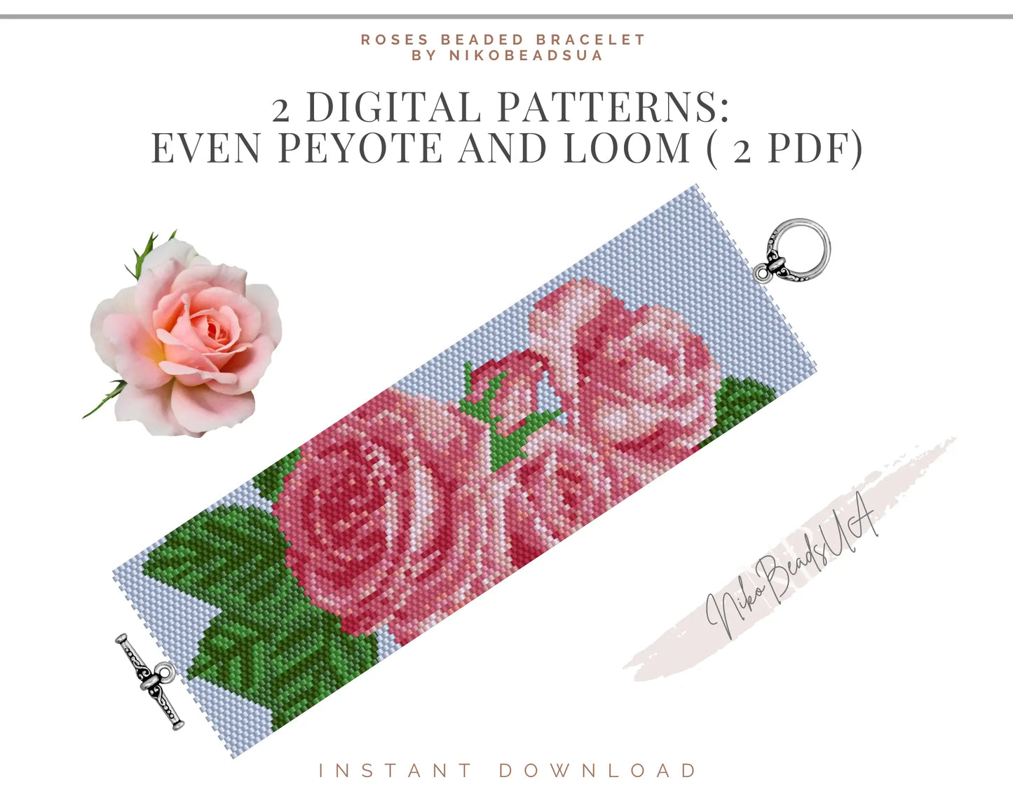 Roses even peyote and loom patterns for beaded bracelet NikoBeadsUA
