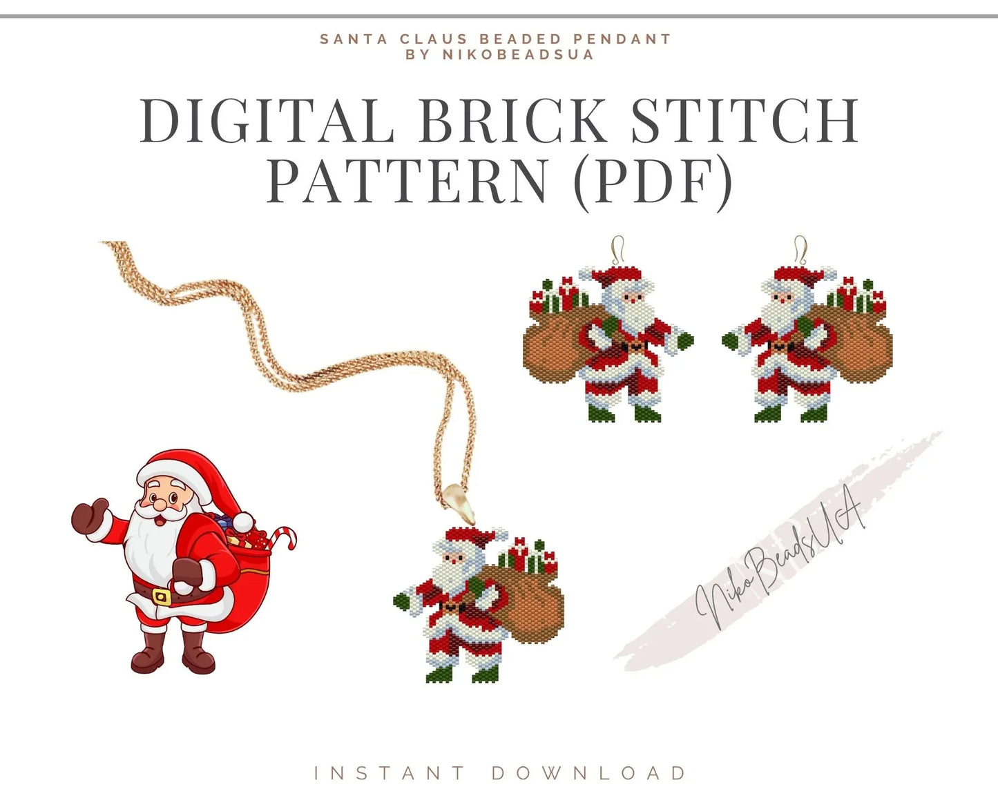 Santa Claus Brick Stitch pattern for beaded pendant and earrings NikoBeadsUA