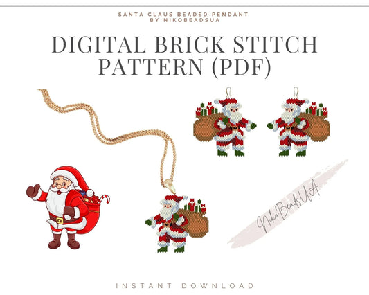 Santa Claus Brick Stitch pattern for beaded pendant and earrings NikoBeadsUA