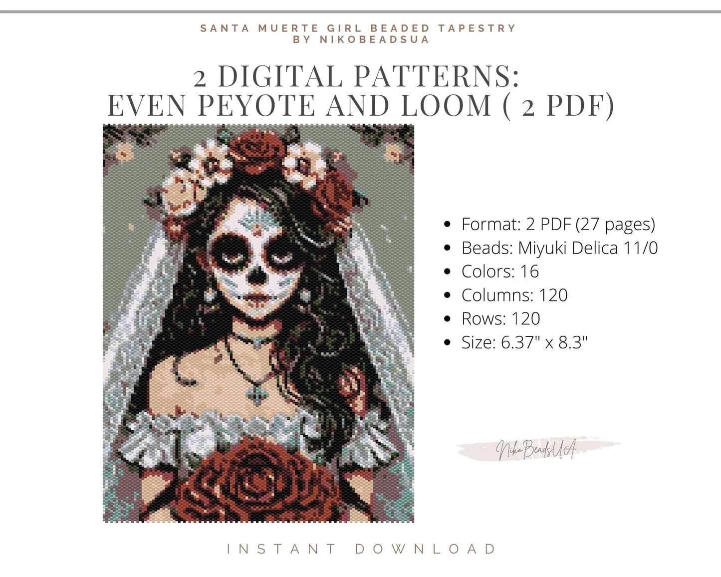 Santa Muerte Girl even peyote and loom patterns for beaded tapestry NikoBeadsUA