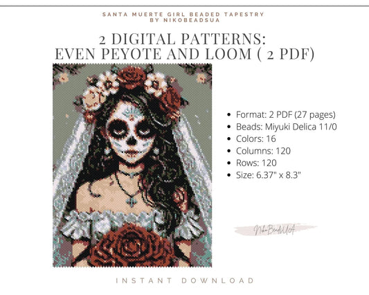 Santa Muerte Girl even peyote and loom patterns for beaded tapestry NikoBeadsUA