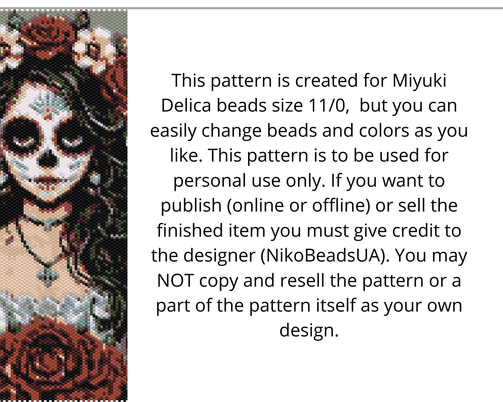 Santa Muerte Girl even peyote and loom patterns for beaded tapestry NikoBeadsUA