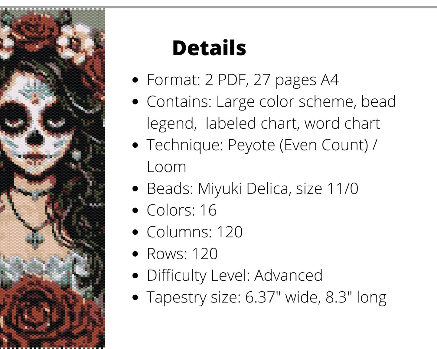 Santa Muerte Girl even peyote and loom patterns for beaded tapestry NikoBeadsUA