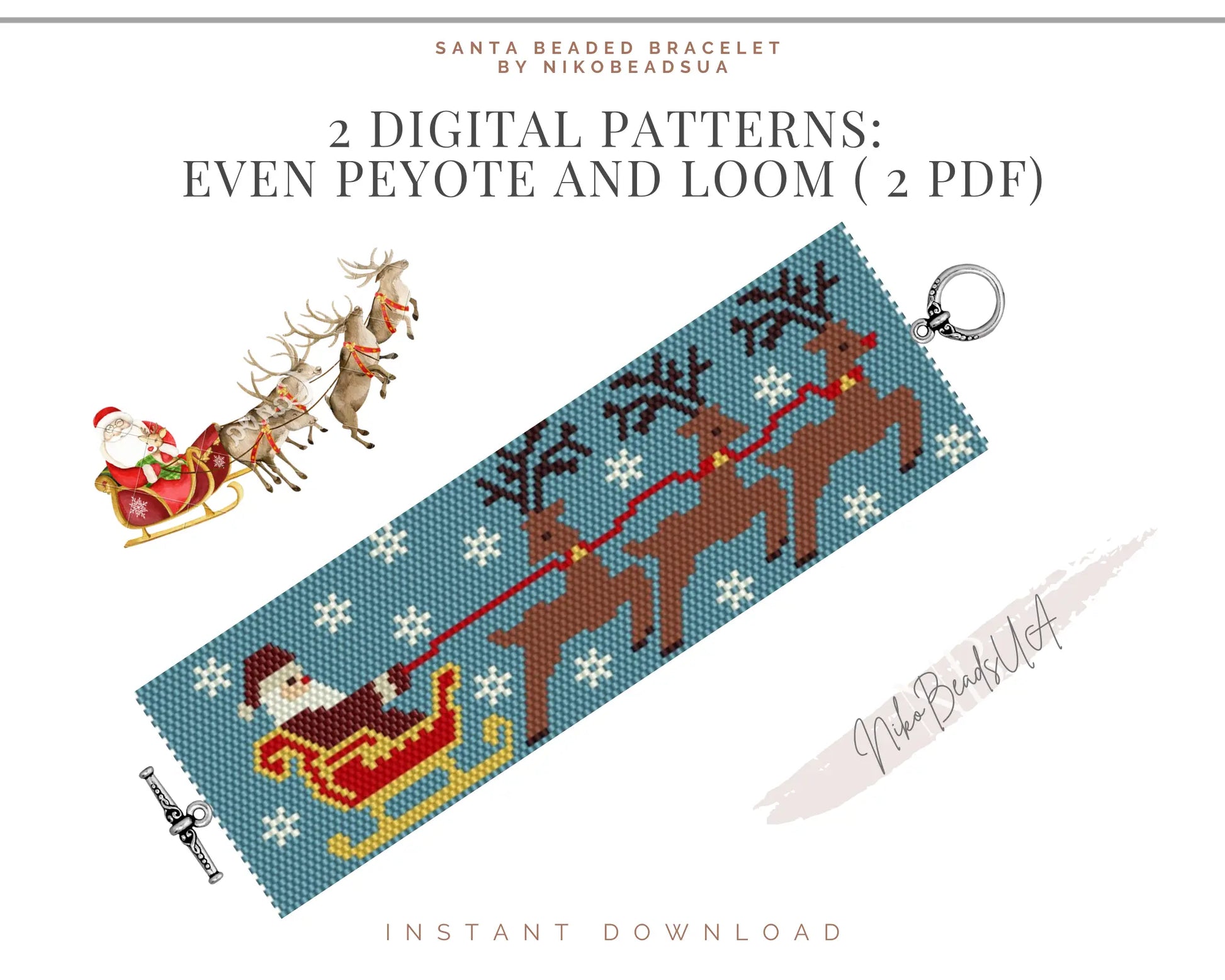 Santa and Deer even peyote and loom patterns for beaded bracelet NikoBeadsUA