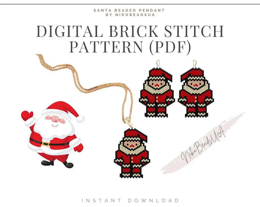 Santa Brick Stitch pattern for beaded pendant and earrings NikoBeadsUA