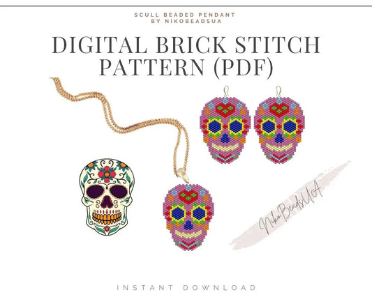 Sugar Skull Brick Stitch pattern for beaded pendant and earrings NikoBeadsUA