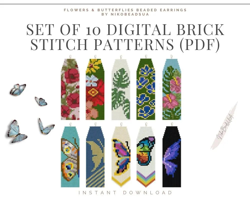 Set of 10 Earrings Brick Stitch patterns for fringe beaded earrings, flowers and butterflies pack for Miyuki Delica NikoBeadsUA