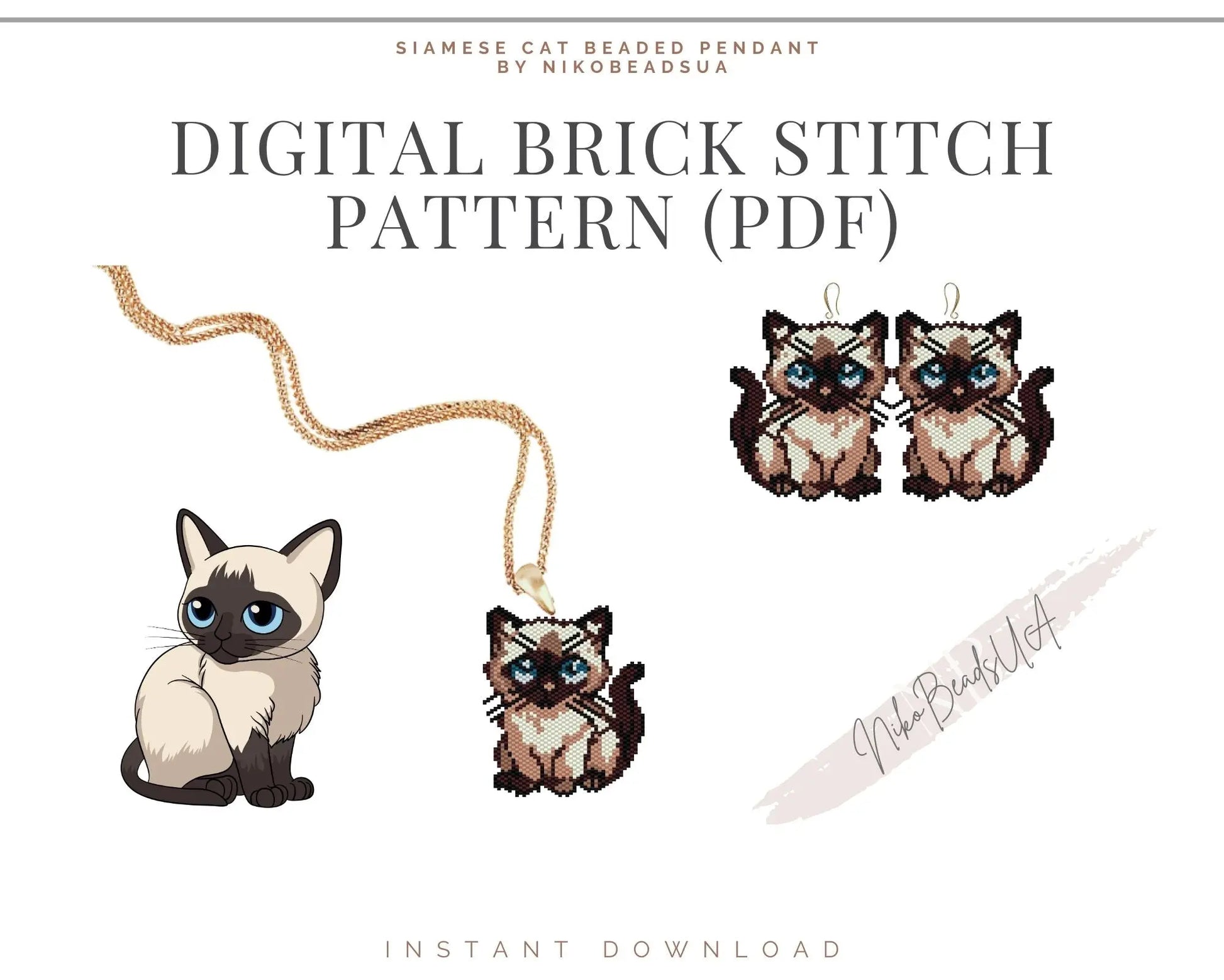 Siamese Cat Brick Stitch pattern for beaded pendant and earrings NikoBeadsUA