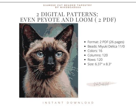 Siamese Cat even peyote and loom patterns for beaded tapestry or postcard NikoBeadsUA