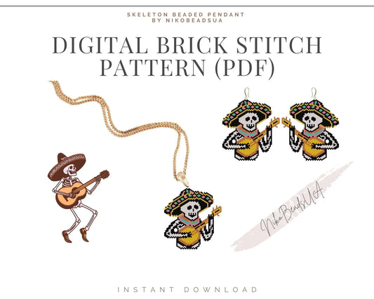 Skeleton with Ukulele Brick Stitch pattern for beaded pendant and earrings NikoBeadsUA