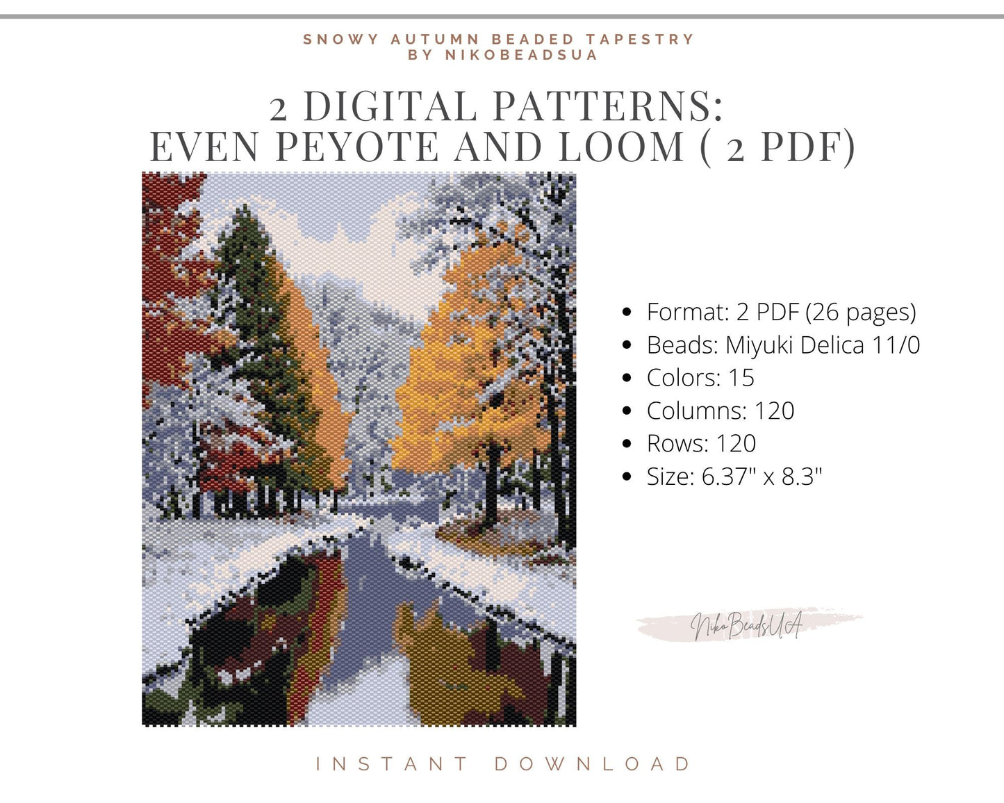 Snowy Autumn even peyote and loom patterns for beaded tapestry or postcard NikoBeadsUA