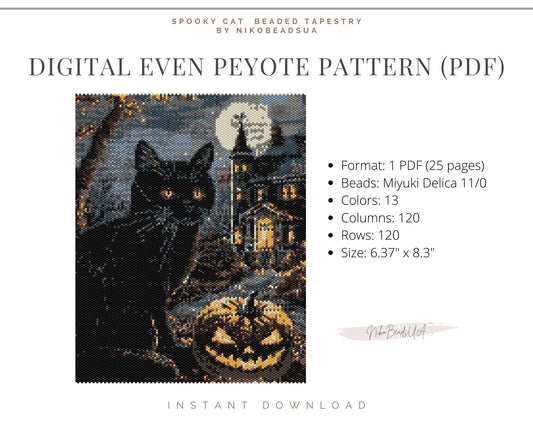 Spooky Cat even peyote pattern for beaded tapestry NikoBeadsUA