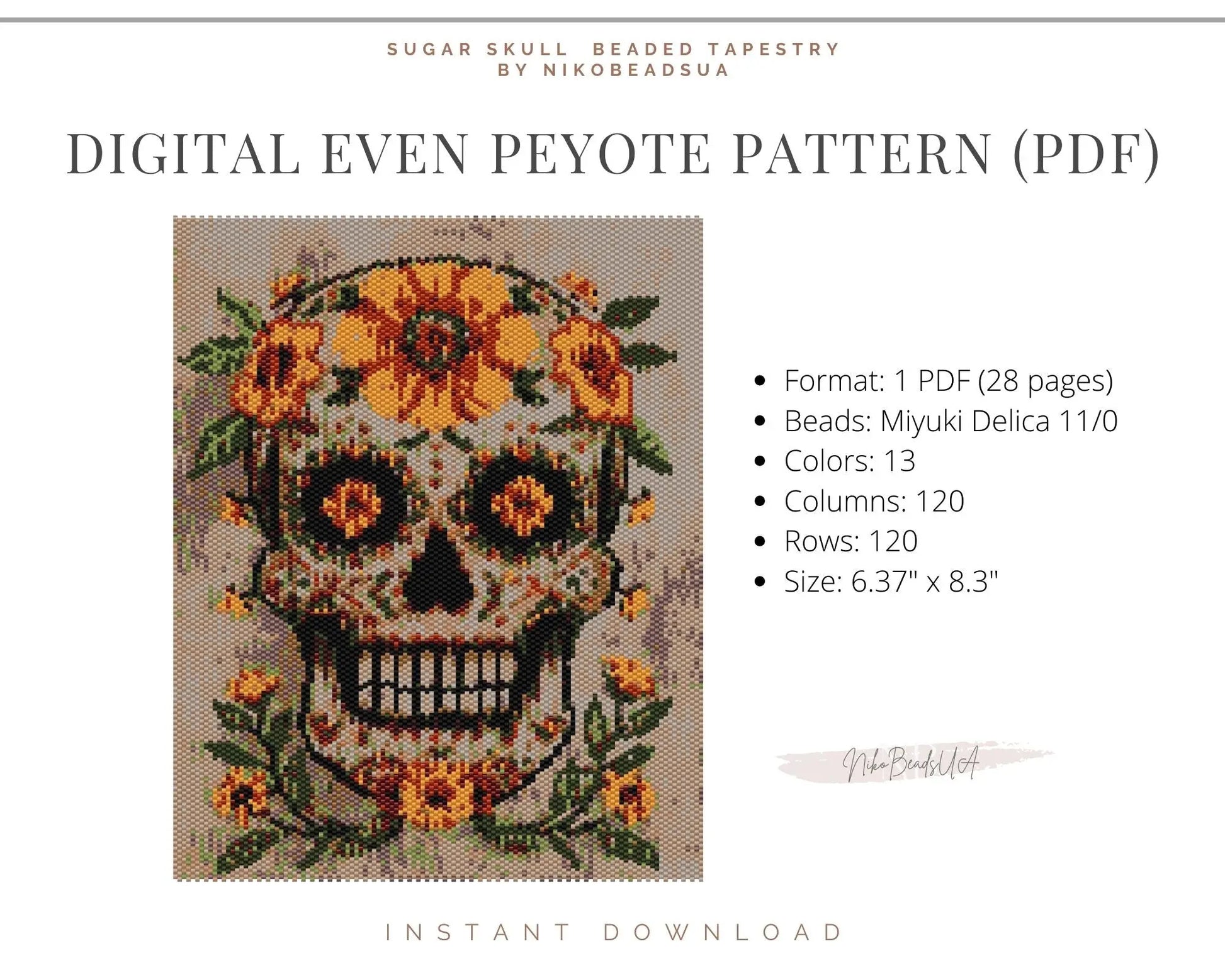 Sugar Skull even peyote pattern for beaded tapestry NikoBeadsUA