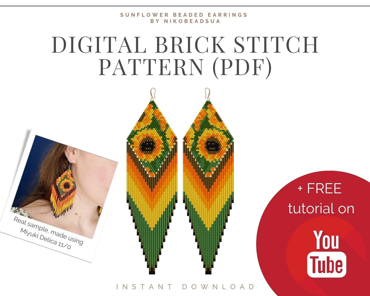 Sunflower Brick Stitch pattern for fringe beaded earrings with diamond top - NikoBeadsUA