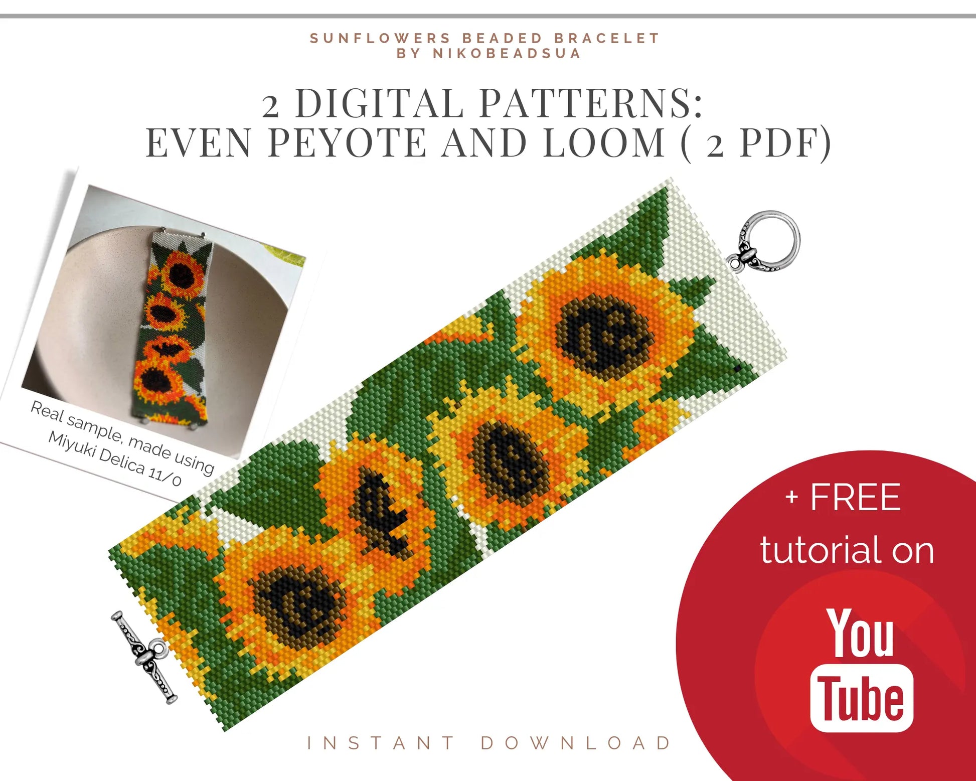 Sunflowers even peyote and loom patterns for beaded bracelet NikoBeadsUA