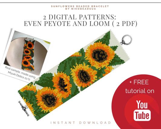 Sunflowers even peyote and loom patterns for beaded bracelet NikoBeadsUA