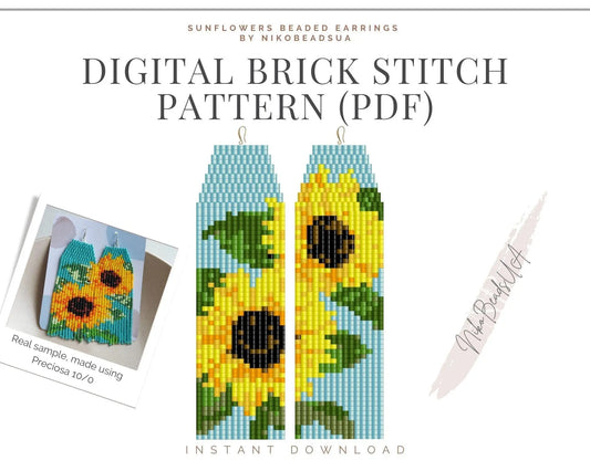 Sunflowers Asymmetrical Brick Stitch pattern for fringe beaded earrings - NikoBeadsUA