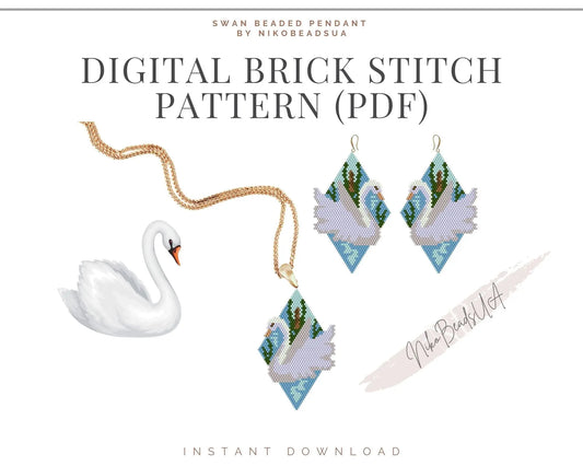 Swan Brick Stitch pattern for beaded pendant and earrings NikoBeadsUA