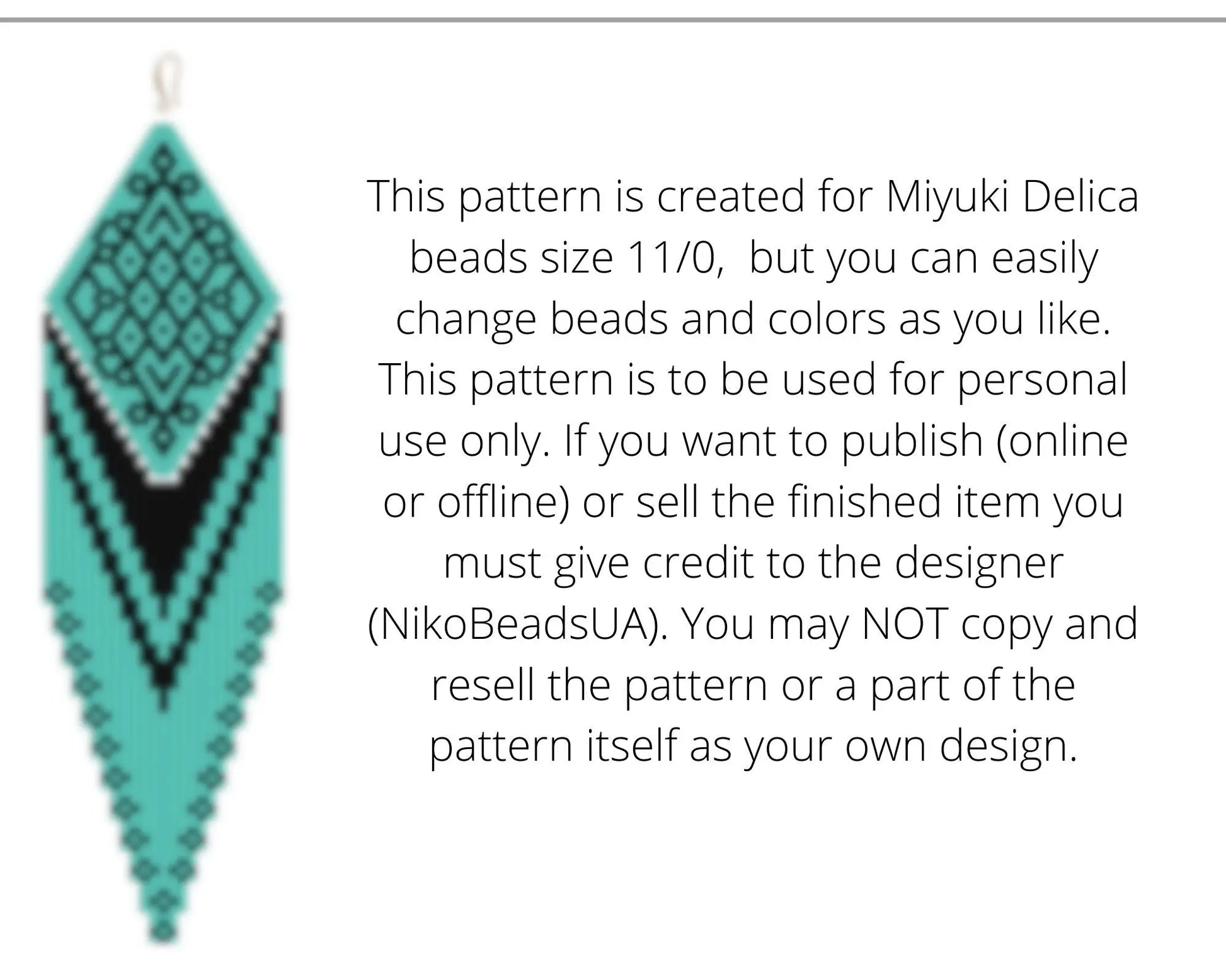 Teal Brick Stitch pattern for fringe beaded earrings with diamond top NikoBeadsUA