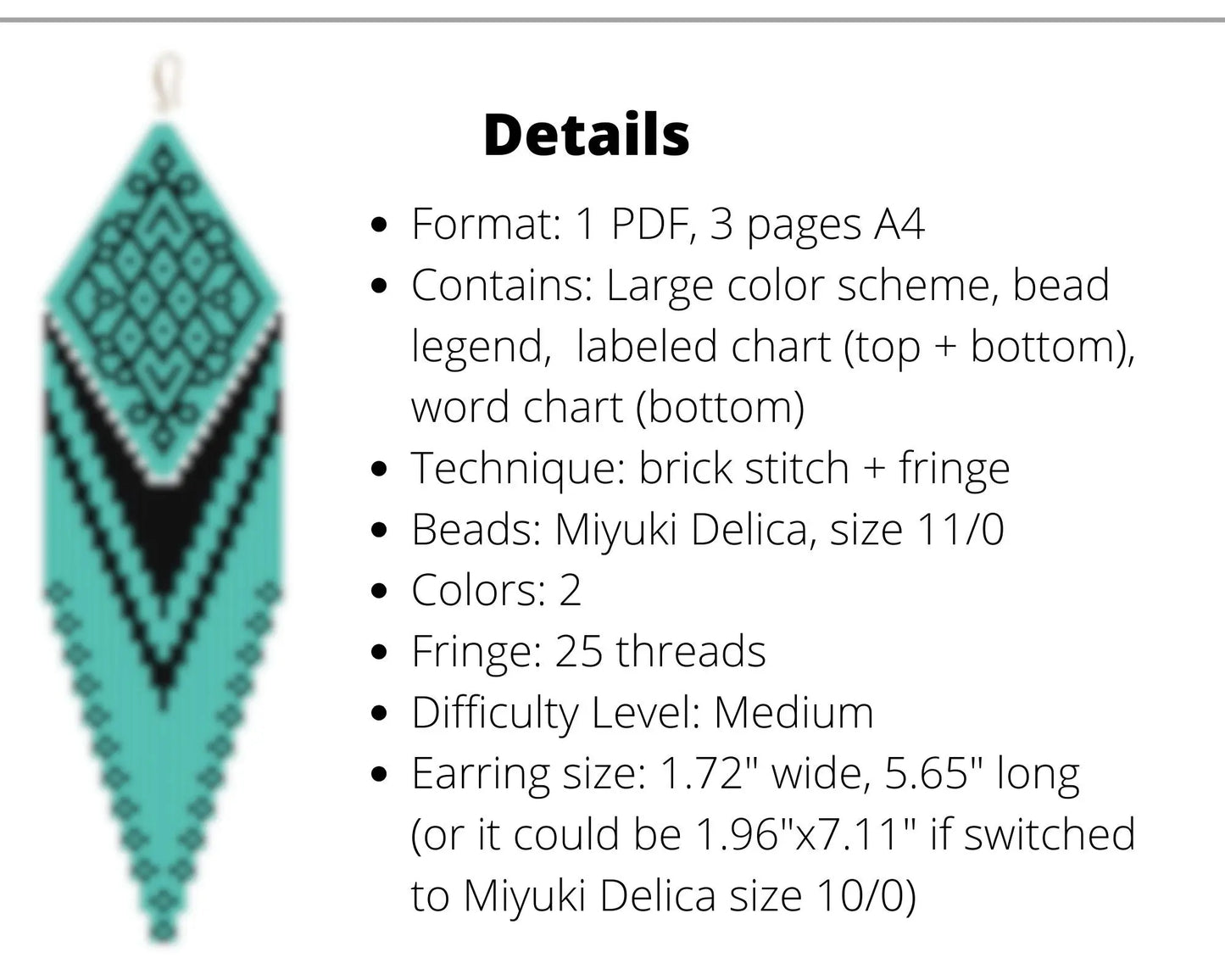 Teal Brick Stitch pattern for fringe beaded earrings with diamond top NikoBeadsUA