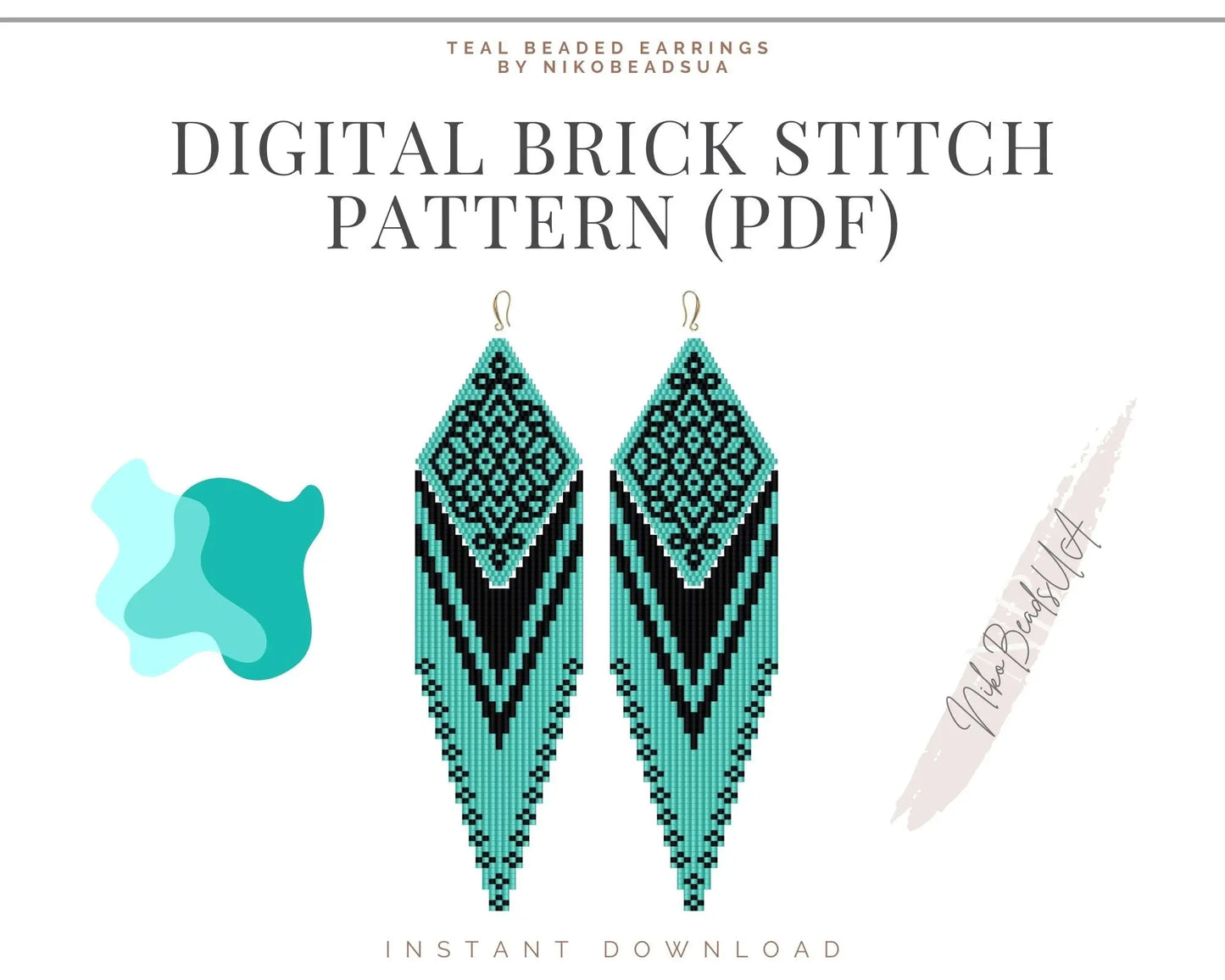 Teal Brick Stitch pattern for fringe beaded earrings with diamond top NikoBeadsUA