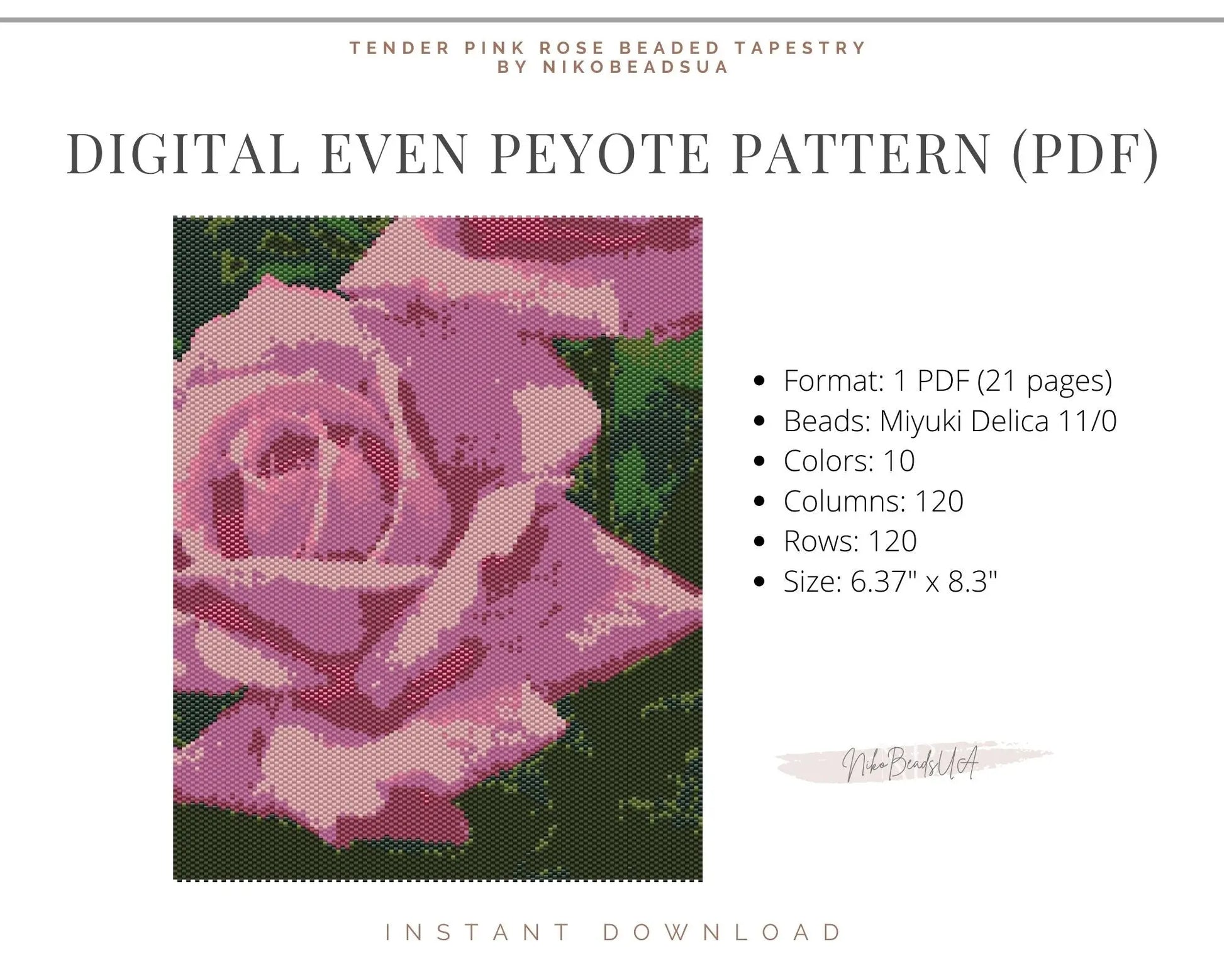 Tender Pink Rose even peyote pattern for beaded tapestry NikoBeadsUA