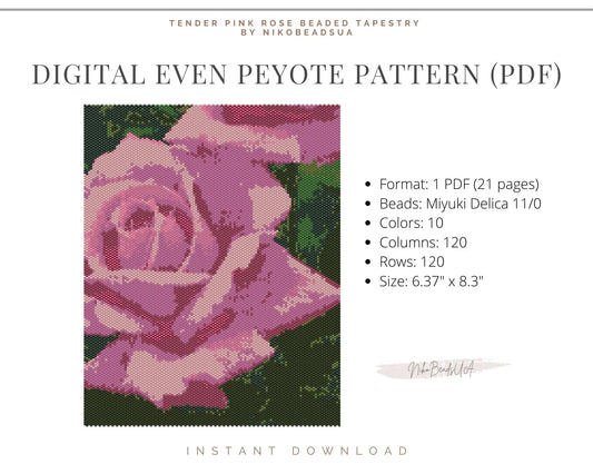 Tender Pink Rose even peyote pattern for beaded tapestry NikoBeadsUA