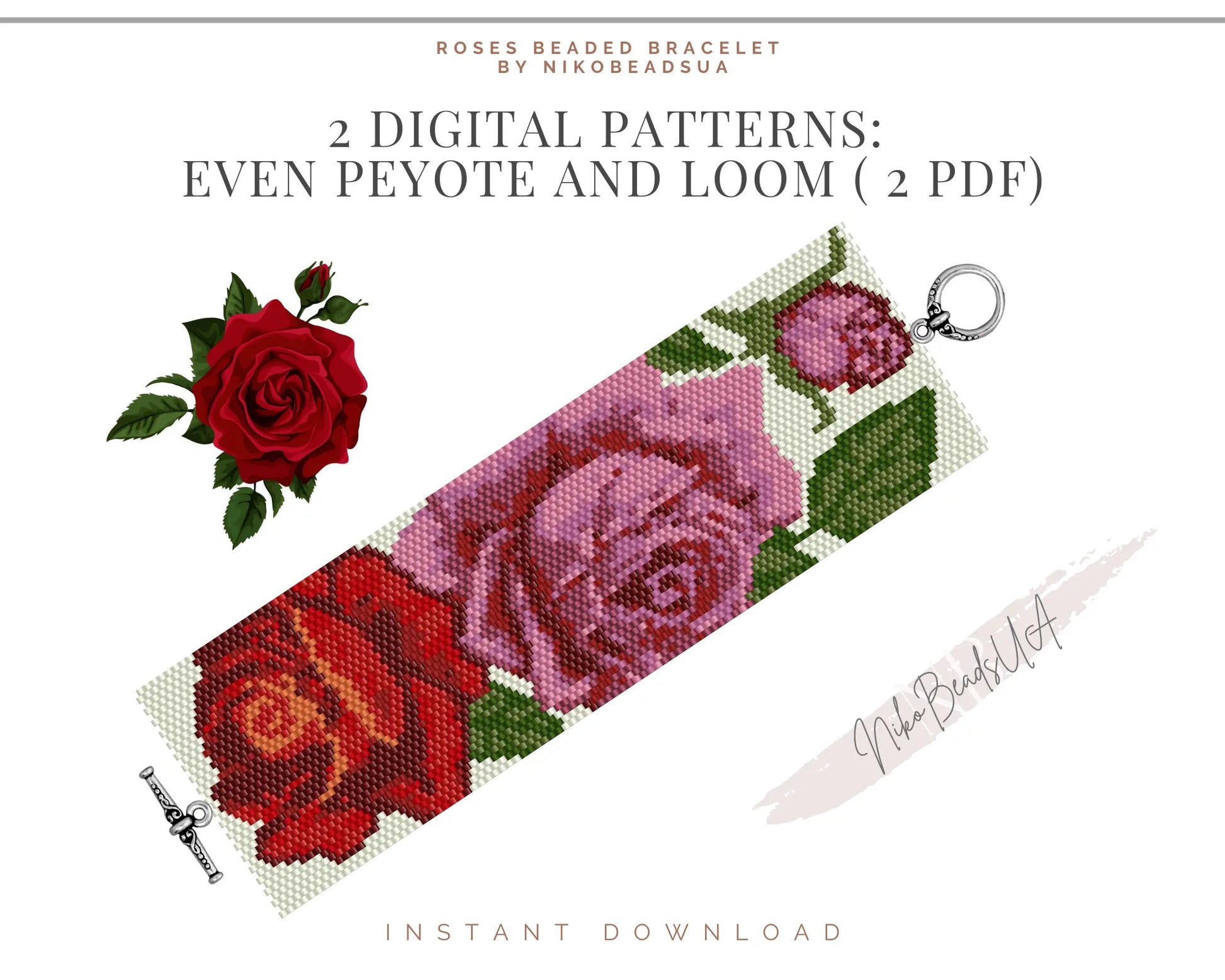 Tender Roses even peyote pattern for beaded bracelet NikoBeadsUA