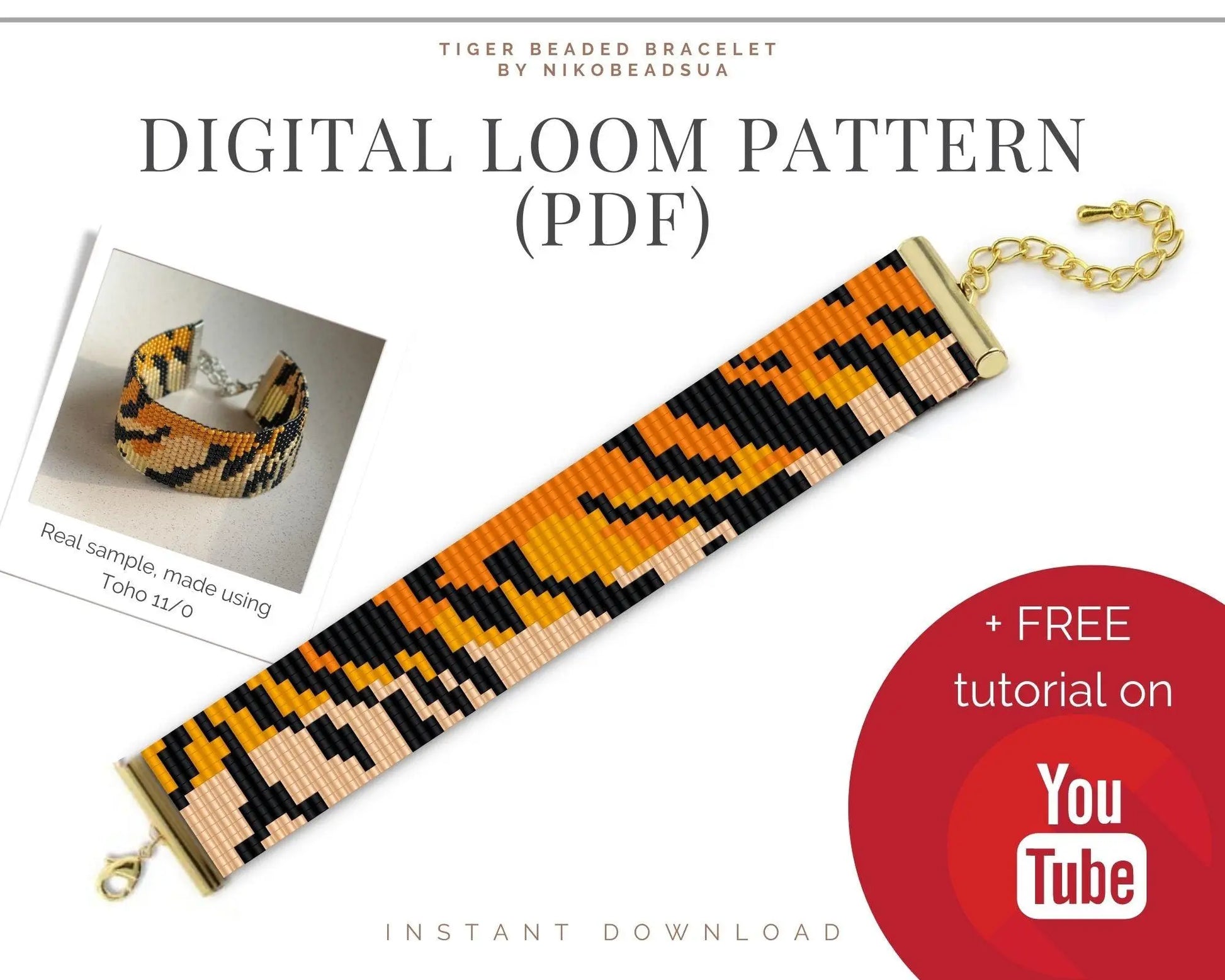 Tiger Print Loom pattern for narrow beaded bracelet - NikoBeadsUA