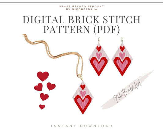 Triple Heart Brick Stitch pattern for beaded diamond pendant, earrings NikoBeadsUA