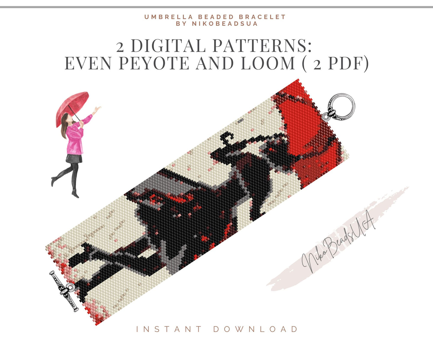Lady with Umbrella even peyote and loom patterns for beaded bracelet or bookmark NikoBeadsUA