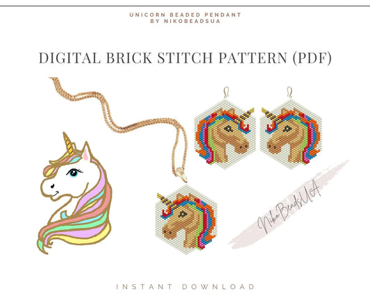 Unicorn Brick Stitch pattern for beaded pendant and earrings NikoBeadsUA