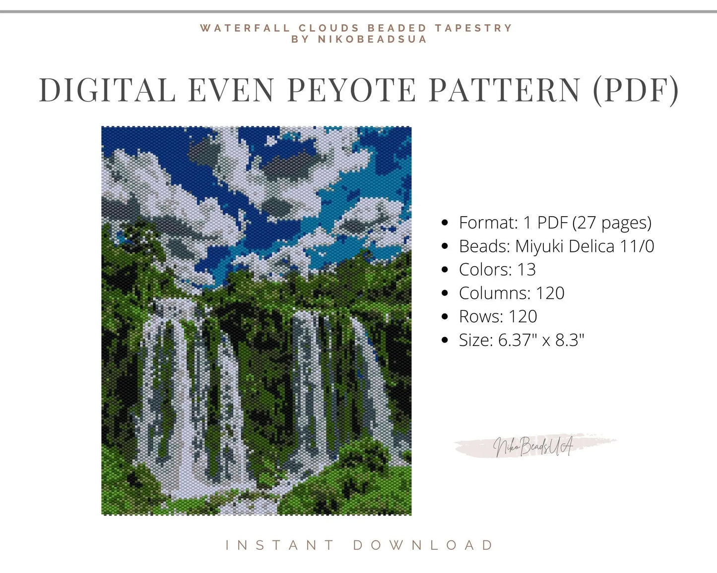 Waterfall & Clouds even peyote pattern for beaded tapestry NikoBeadsUA