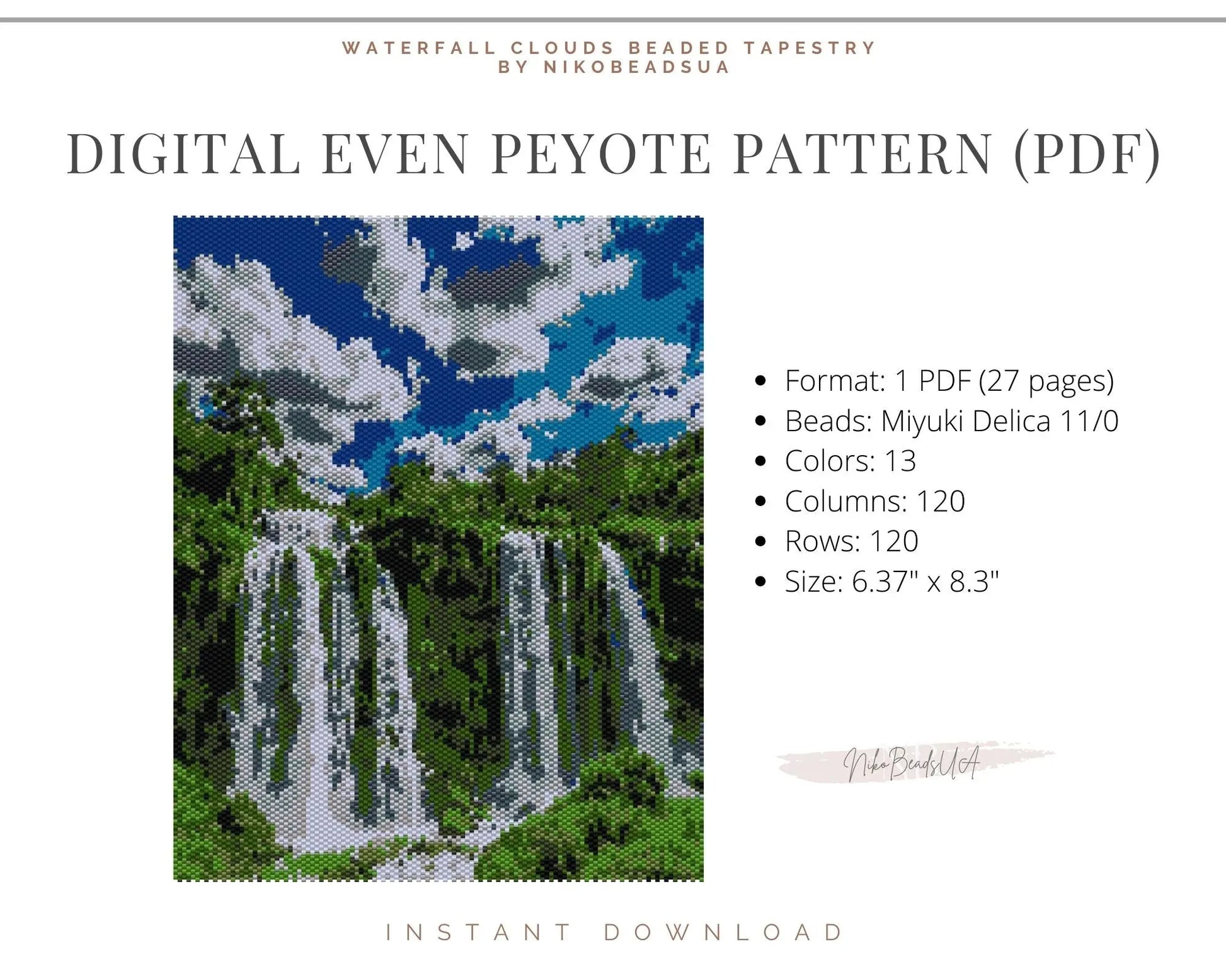 Waterfall & Clouds even peyote pattern for beaded tapestry NikoBeadsUA