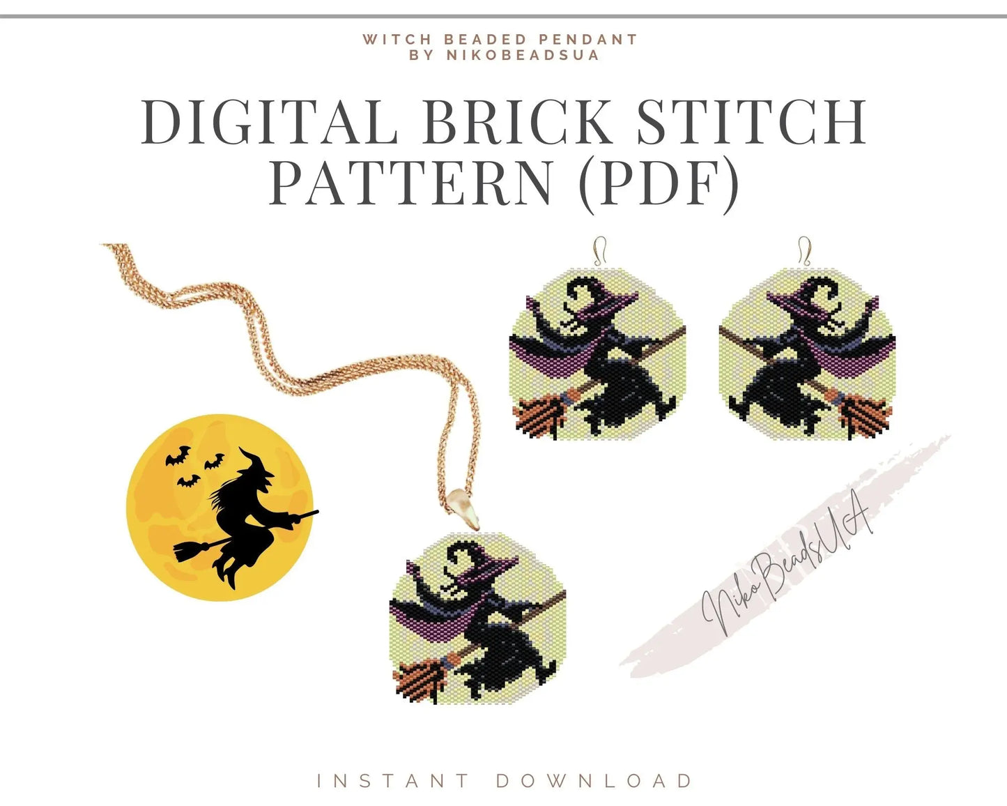 Witch on a Broom Brick Stitch pattern for beaded pendant and earrings NikoBeadsUA