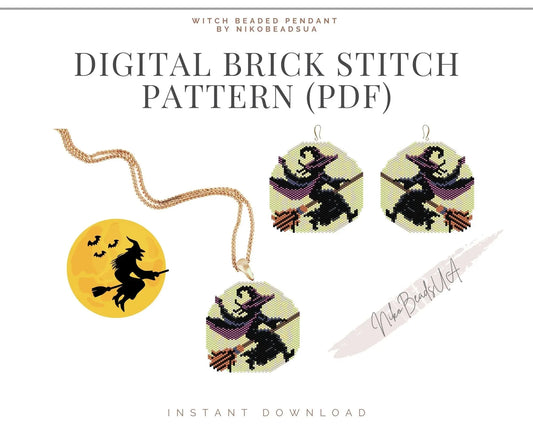 Witch on a Broom Brick Stitch pattern for beaded pendant and earrings NikoBeadsUA