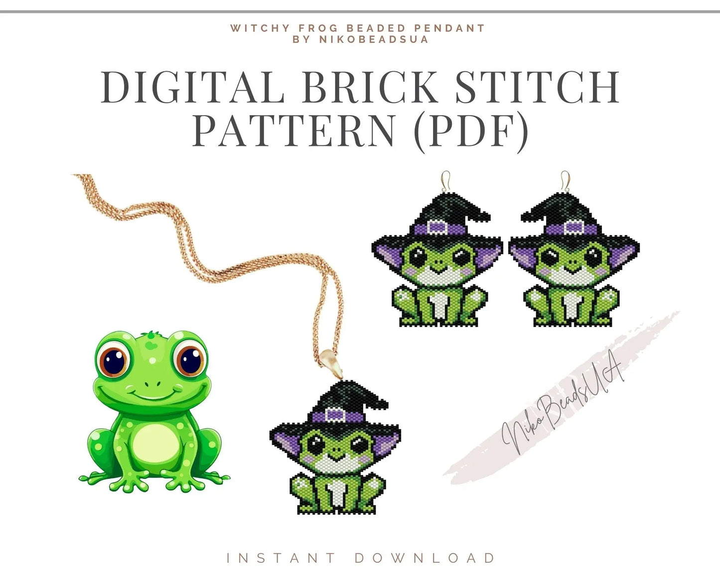 Witchy Frog Brick Stitch pattern for beaded pendant and earrings NikoBeadsUA