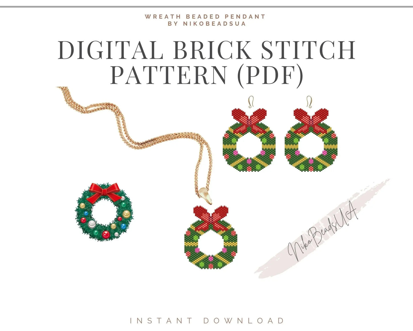 Christmas Wreath Brick Stitch pattern for beaded pendant and earrings NikoBeadsUA