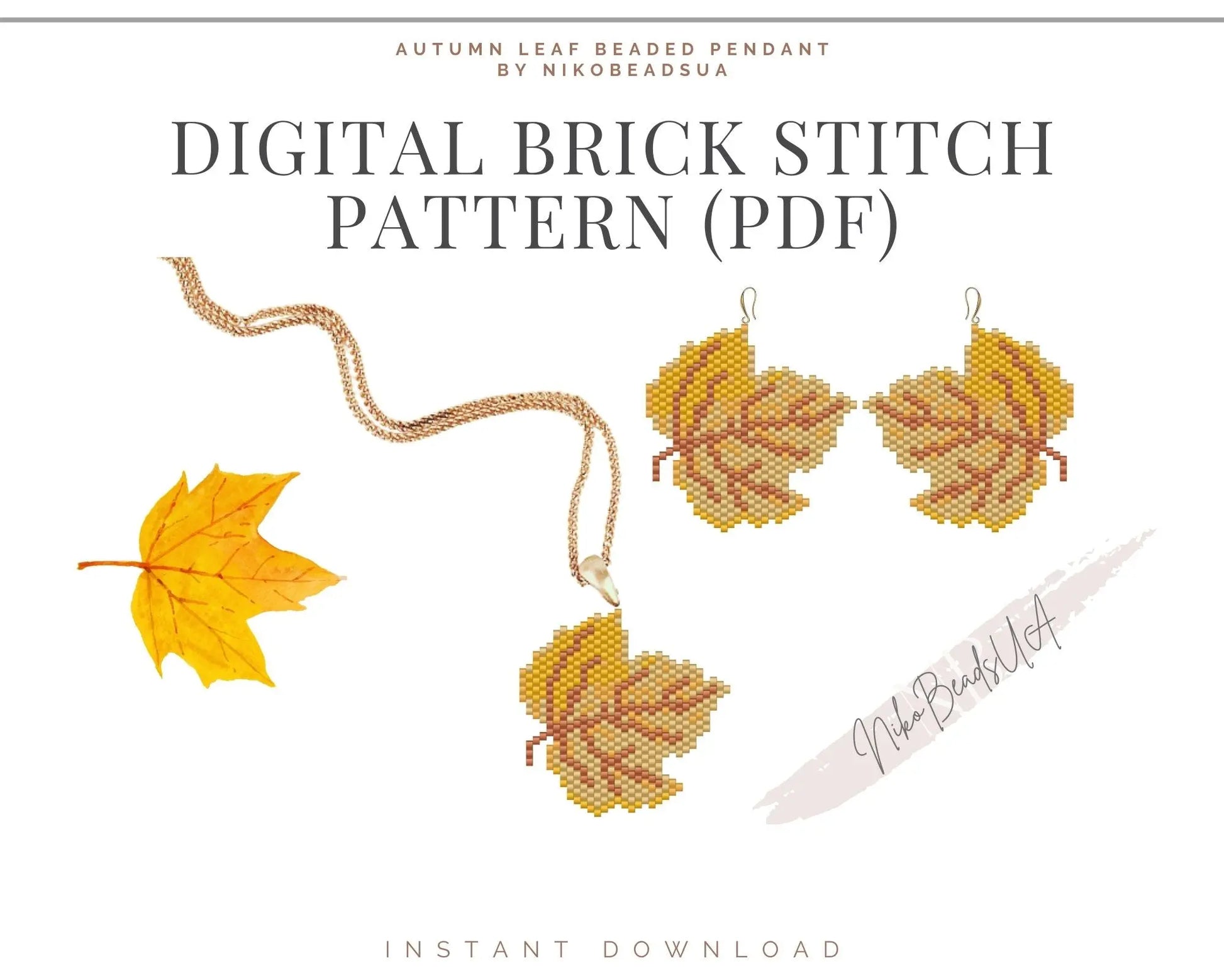 Yellow Leaf Brick Stitch pattern for beaded pendant and earrings NikoBeadsUA