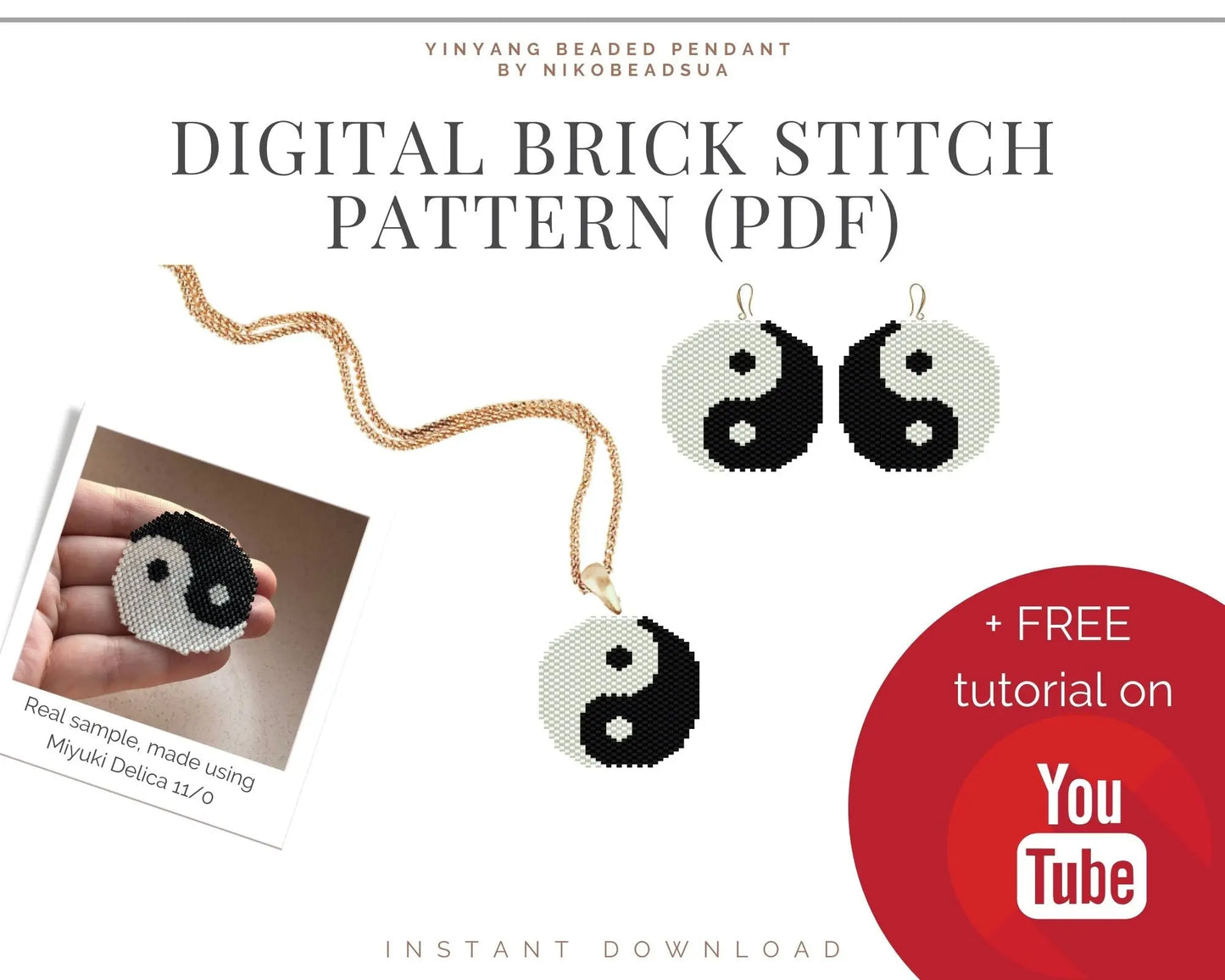 Yin Yang Brick Stitch pattern for beaded pendant and earrings NikoBeadsUA