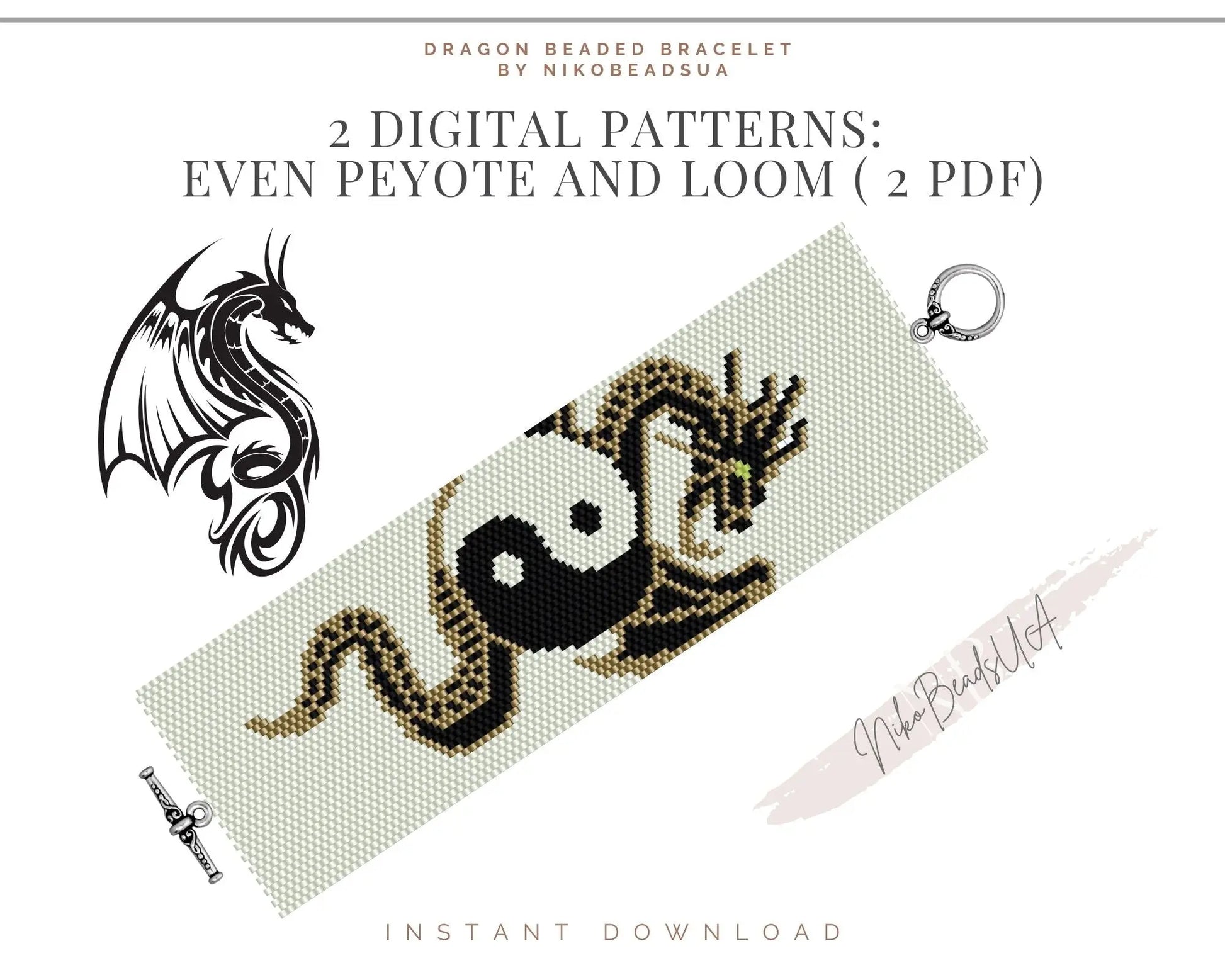 Yin Yang Dragon even peyote and loom patterns for beaded bracelet NikoBeadsUA