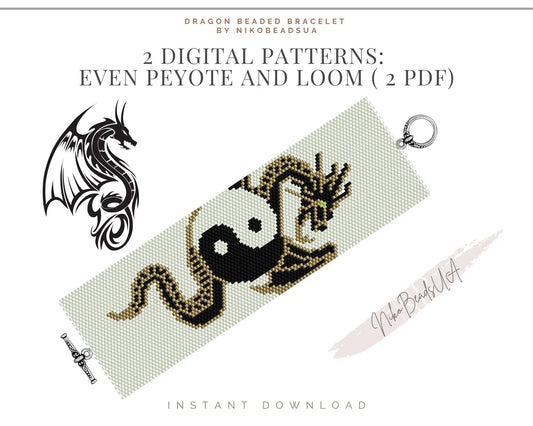 Yin Yang Dragon even peyote and loom patterns for beaded bracelet NikoBeadsUA