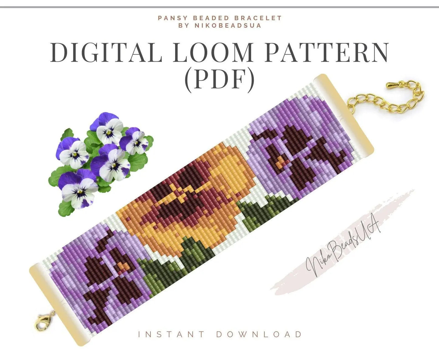 Pansy Loom pattern for wide beaded bracelet - NikoBeadsUA