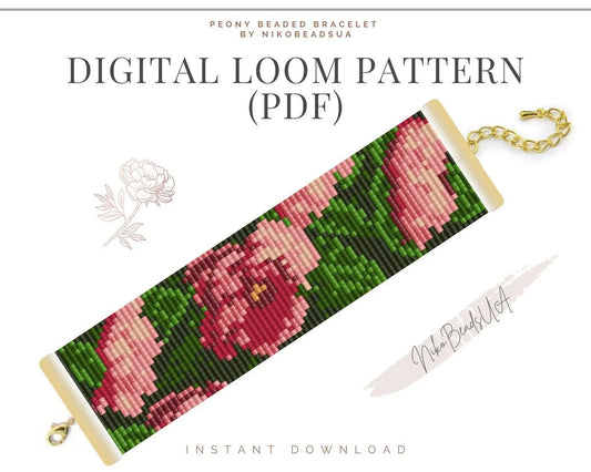 Peony Loom pattern for wide beaded bracelet - NikoBeadsUA